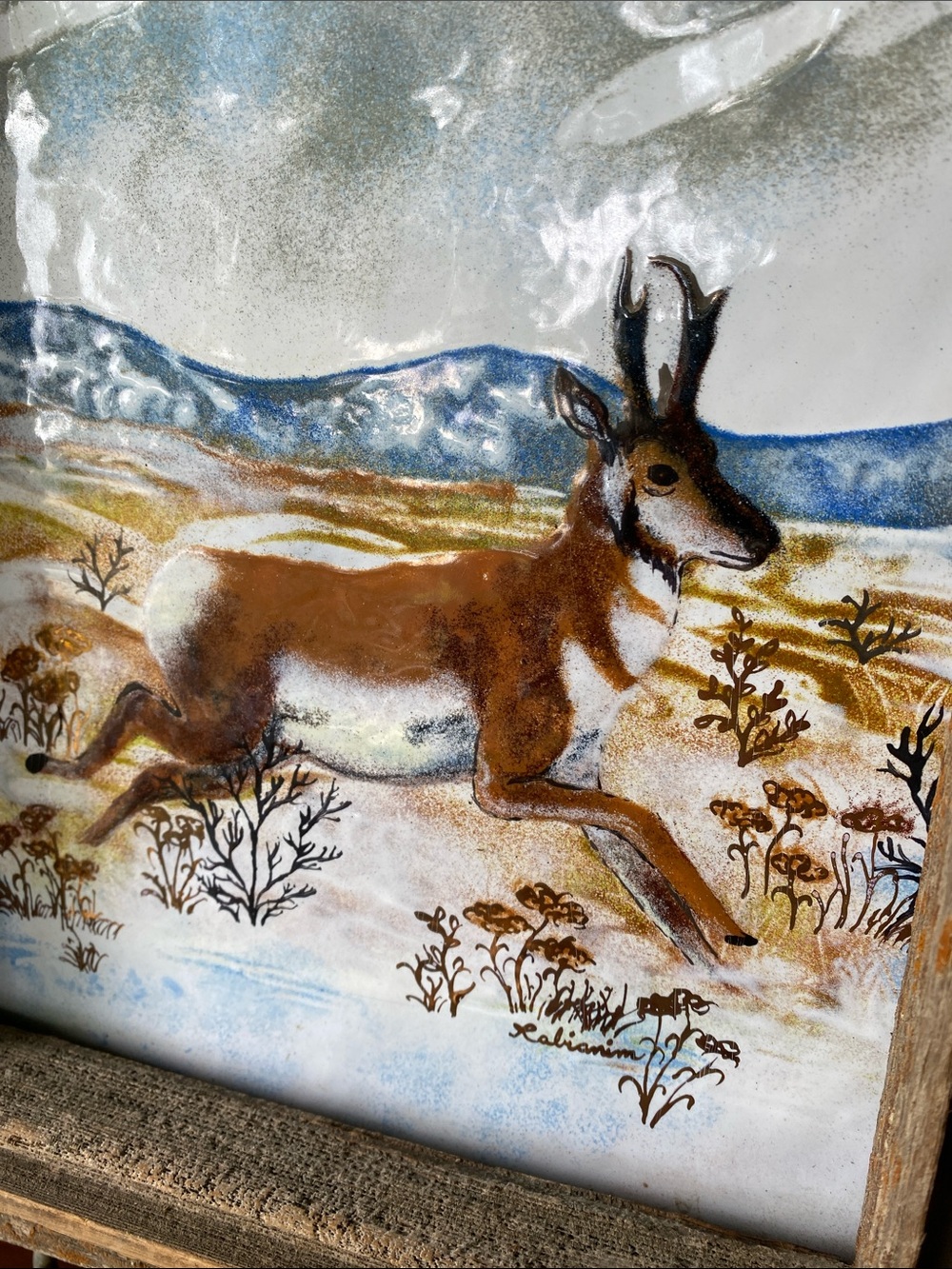 Vintage Rabianim Enamel on Copper Art, Mid Century Pronghorn Antelope “Wildlife